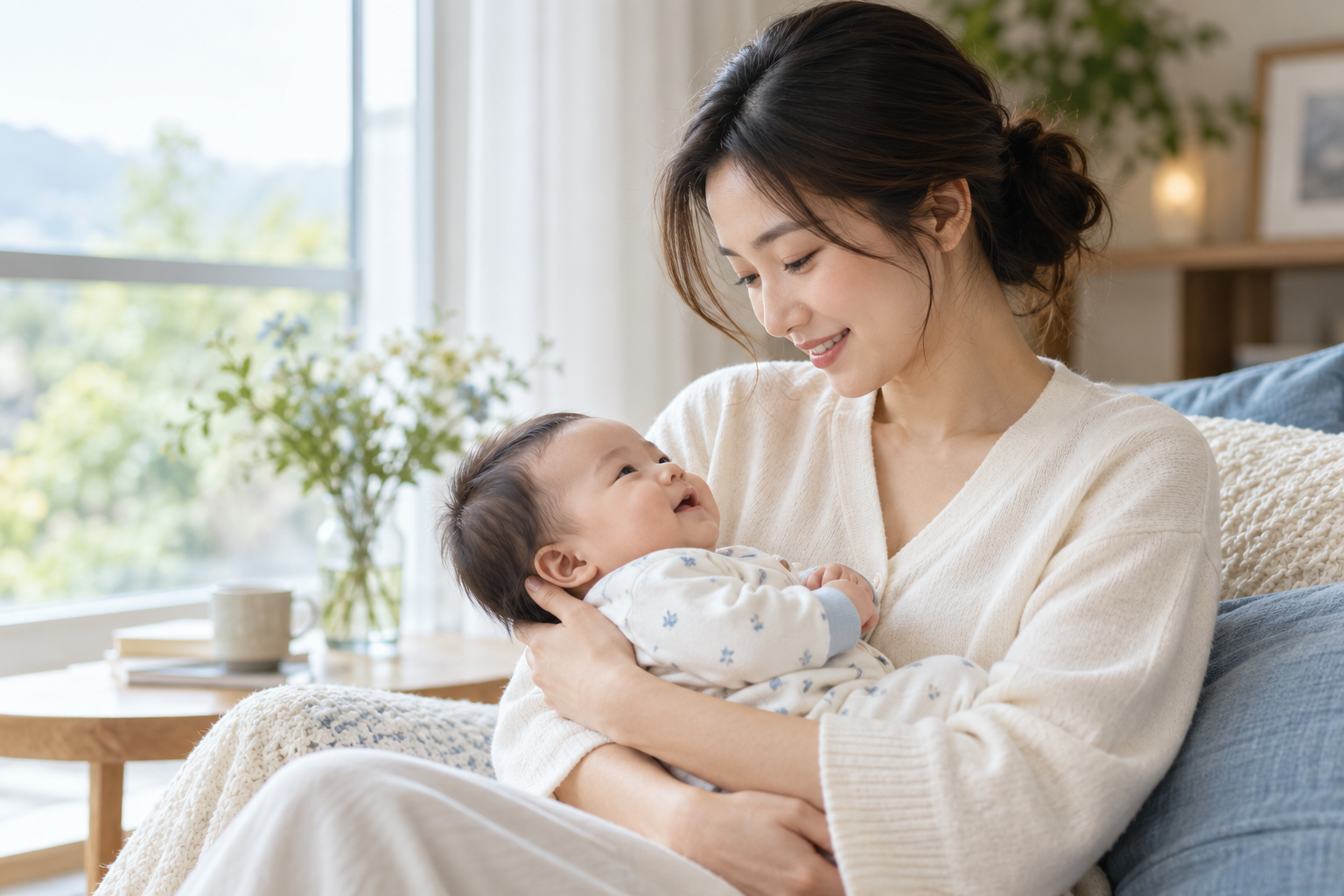 柔和自然光下，母亲温柔抱着婴儿的情境配图